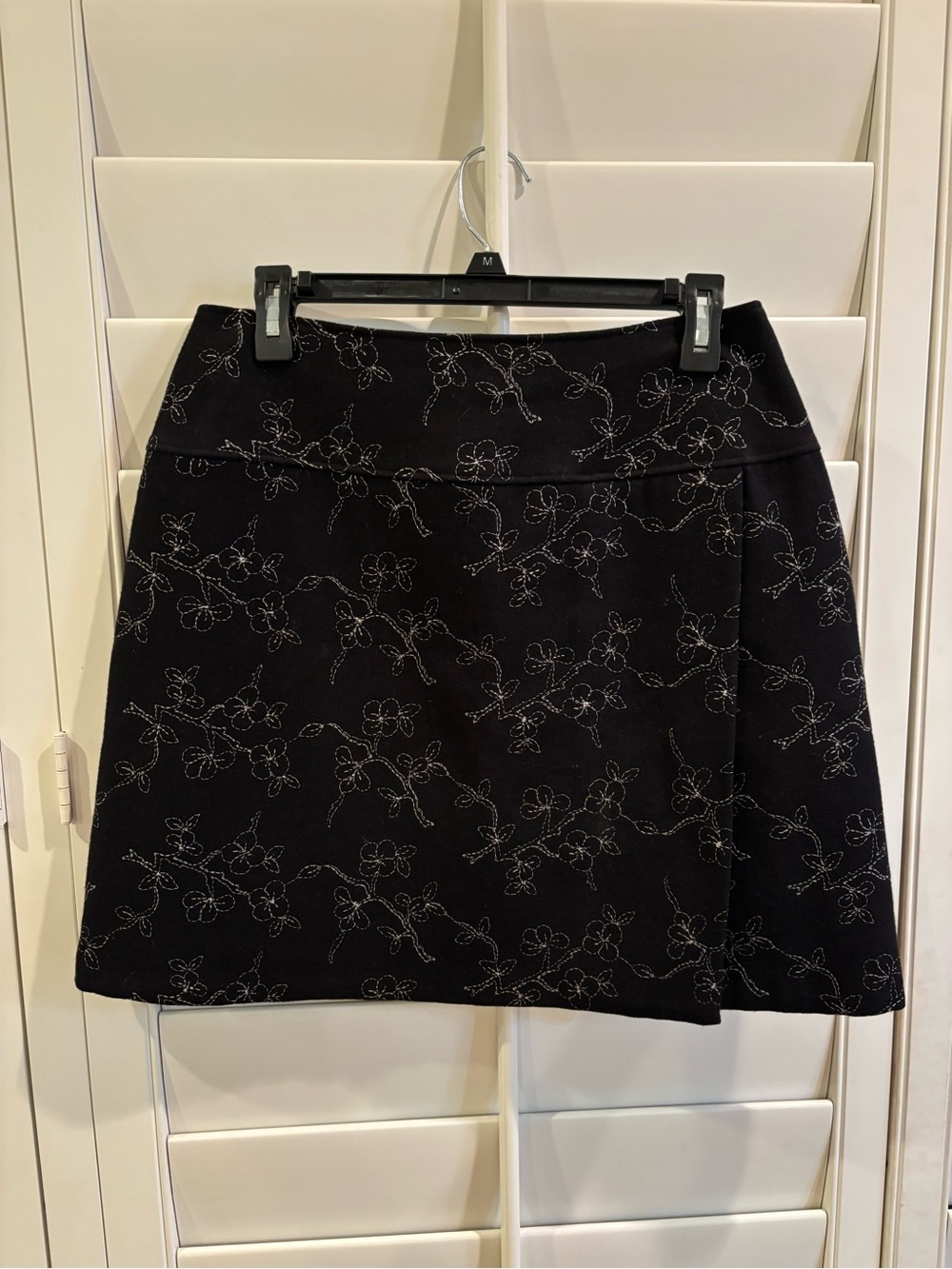Black Wool Floral Embroidered A-Line Mini Skirt